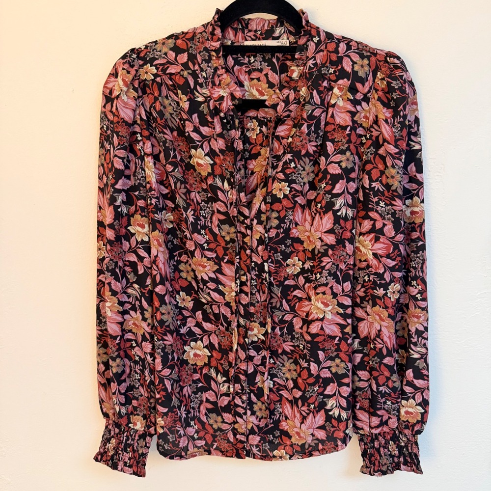 Black Tape Floral Ruffle Neck Pink Orange Smocked Cuff Top Boho‎ Cottage Wmns Lg